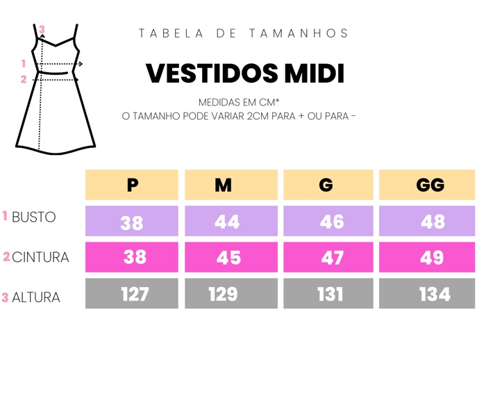 Tabela de Medidas Vestido Midi Mangas